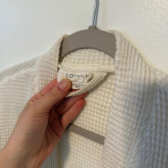 Coyuchi Unisex Turkish Cotton Organic Waffle Bathrobe, Undyed White, XS/S - Picture 7 of 7
